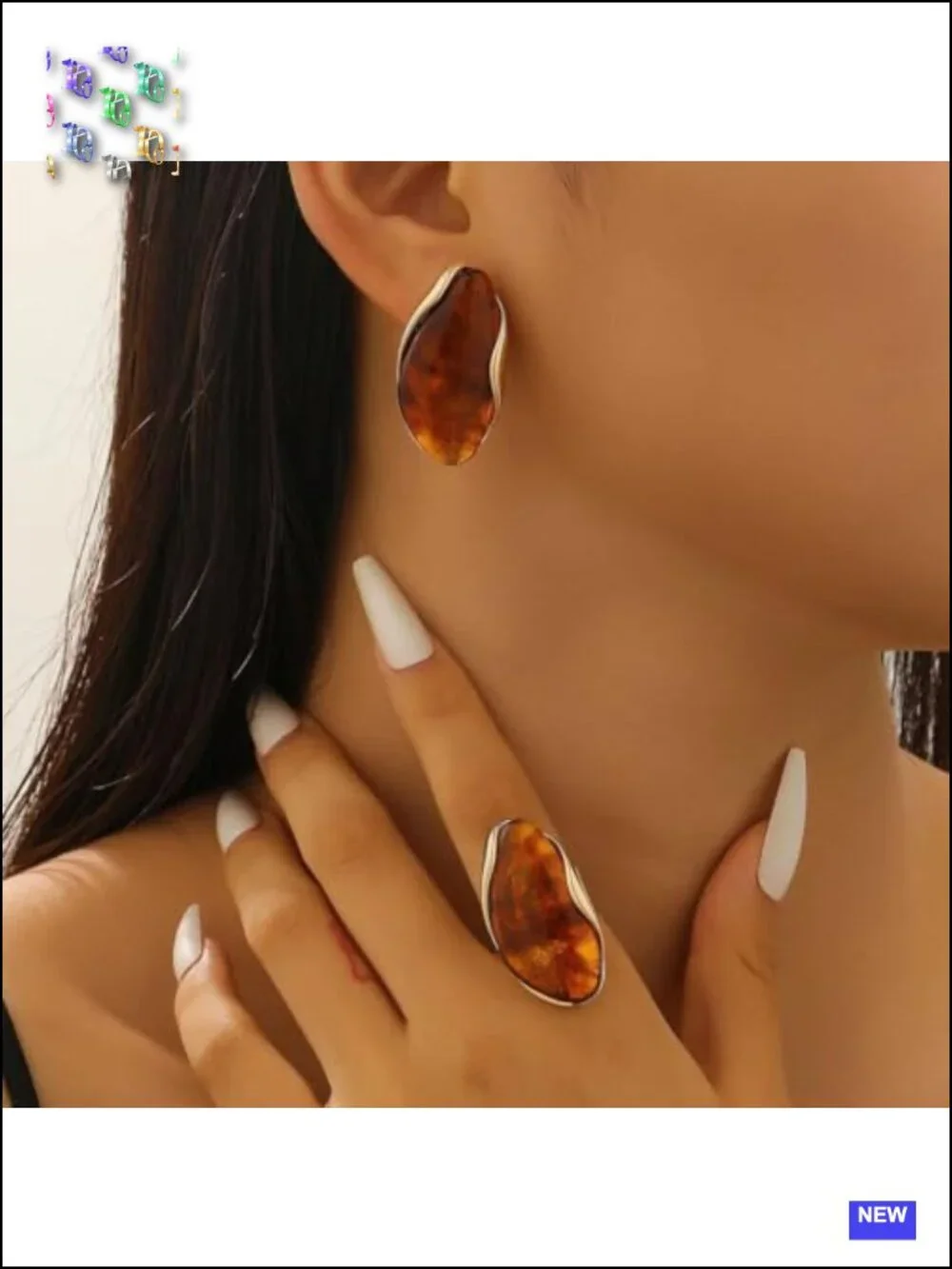 Vintage Chunky Brown Resin Jewelry Set - Dainty Boho Drop Earrings & Cocktail